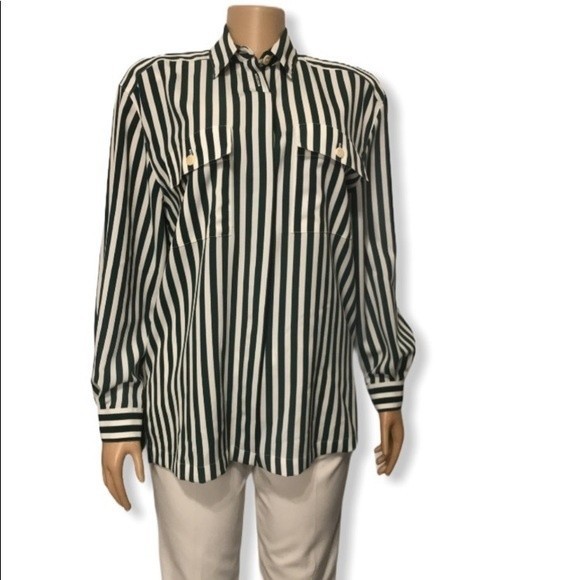 Vintage 90s Chaus Striped Button Down Blouse Emerald Green White size 10 - Picture 8 of 16